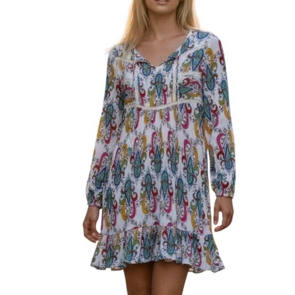 Hayden Los Angeles Paisley Mini Dress Womens Medium White Multi Boho Lace Gypsy